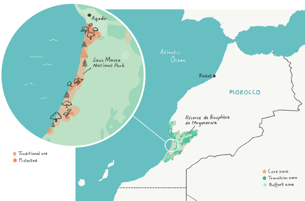 Map of Morocco that displays argan land management.